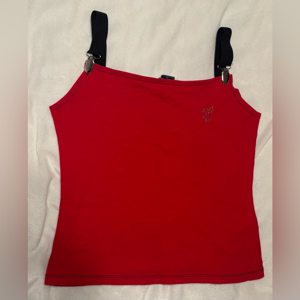 Red Rhinestone Accent Tank Top with Black Straps